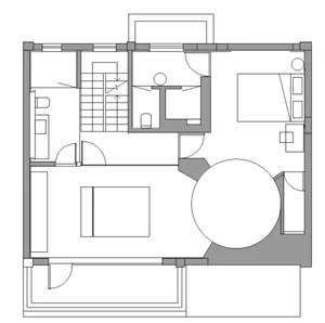 Modern, open-plan kitchen floor plan with white cabinets, a central island, and a large window.
