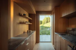 A minimalist kitchen with wooden cabinets and countertops, featuring a door leading to a deck with greenery outside.