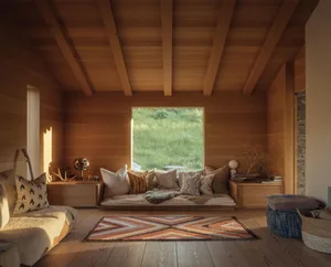 A cozy, modern residential interior with wooden walls, floors, and ceiling beams, featuring a couch with colorful cushions an
