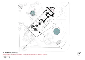 Floor plan of a residential design with labeled rooms and outdoor features.
