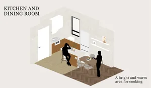 Rendering of a modern kitchen and dining room with wooden furniture and warm lighting.
