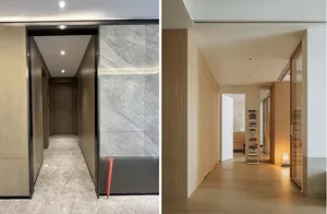 A minimalist residential hallway with marble and wooden finishes.