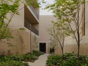Modern interior design featuring concrete and greenery.