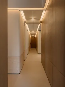 A modern interior corridor with wooden walls and a minimalist design.