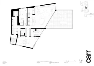 Blueprint of a modern residential apartment with concrete and wood materials.