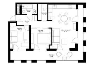 Floor plan of a modern interior with a kitchen, living room, and bedroom.