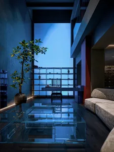 Modern living room with glass coffee table, wooden sofa, and tall potted plant.