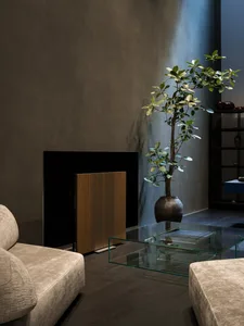 Contemporary living room with minimalist design, featuring a glass coffee table, beige sofa, and a potted plant.
