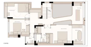 Detailed architectural blueprint of a modern interior space, featuring rooms such as bedrooms, bathrooms, and study room.