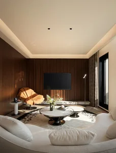 Modern living room featuring marble, wood, and metal materials.