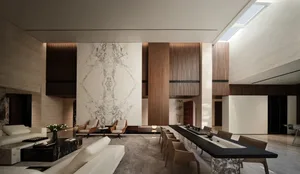 Modern living room with marble and concrete finishes, featuring wooden accents and minimalist design.