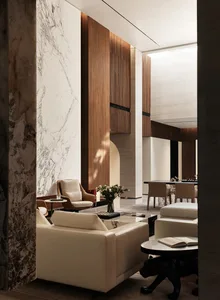 Modern interior design featuring marble walls and wooden accents.