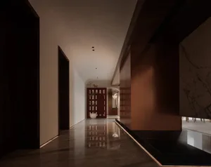 Modern minimalist entrance hallway with marble flooring and red wooden accents, featuring a potted plant and elegant lighting