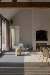 Industrial-style living room with concrete walls and minimalistic furniture, featuring a modern fireplace and large windows.