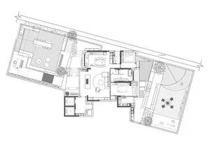 Modern apartment floor plan with living room, dining area, kitchen, bedrooms, bathrooms, and outdoor deck.