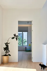 A modern interior space with wooden flooring, concrete walls, and glass elements.