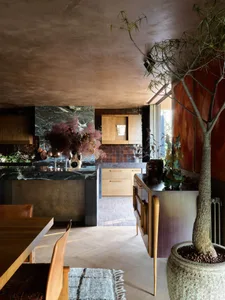 Modern residential kitchen featuring a marble countertop and wooden cabinets.