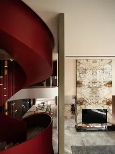 A modern interior design space featuring marble walls and floors.