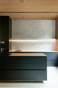Modern minimalist kitchen with marble countertop and stainless steel appliances