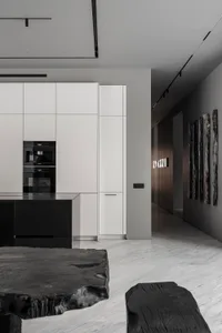 Modern white kitchen interior featuring minimalist black marble countertops and cabinets.