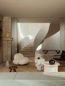 A modern living room with a unique curved staircase, minimalist furniture, and contemporary design elements.