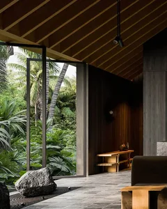 A minimalist living room interior with wooden elements and a view of a tropical outdoor space.