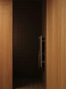 Modern bathroom with dark tiled walls and floor, featuring a wooden door frame and stainless steel towel rack.