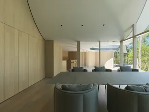 Modern minimalist interior design featuring wood elements