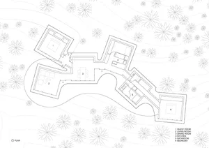 Floor plan of a modern residential building showing layout of rooms and areas.