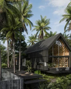 Modern residential house with wooden shingles and a large deck surrounded by palm trees.