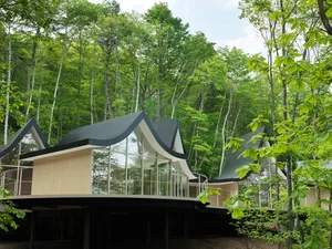 A modern house with wooden exterior and glass walls surrounded by trees.