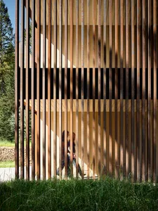 A modern building facade featuring vertical wooden slats.