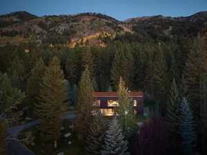 A modern house nestled in a forested area, featuring wood and glass exteriors.