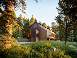 A modern, rustic house made of copper, surrounded by tall trees and greenery.