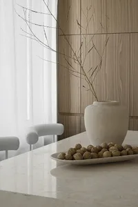 Minimalist living room with marble surfaces and a vase with dried branches.