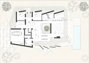 Floor plan of a modern house featuring an outdoor area and a garage.