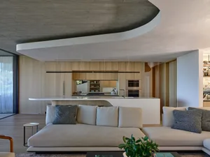 Modern living room with a concrete ceiling and curved design, featuring a beige sectional sofa with grey pillows, a green pla