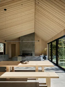 A modern living room with wooden walls, a concrete fireplace, and large windows.