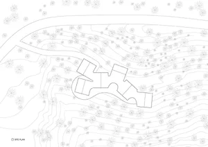 A black and white architectural site plan with floral patterns on a hillside.