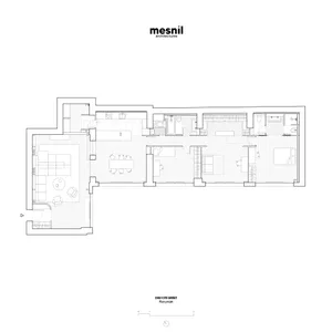 Modern apartment layout featuring open-plan living spaces and three bedrooms.