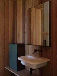 Modern bathroom with a sink against wooden walls, featuring minimalist design elements.