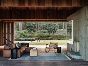 Modern living room with wooden elements