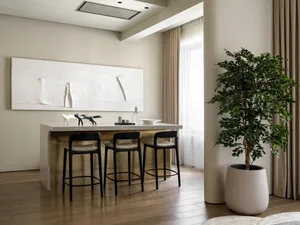 A modern lounge area featuring sustainable materials and minimalist design.