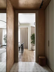 Modern minimalist entryway featuring wooden flooring and paneling, with a view into a well-lit living area with a potted plan