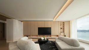 Modern minimalist living room featuring light wood cabinetry, a round coffee table with potted plant, and gray fabric sofas w