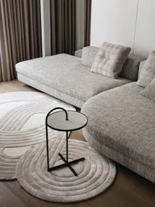 Modern minimalist living room featuring a sofa and rug with patterned design
