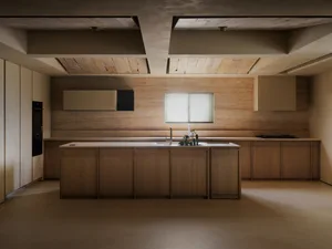 Industrial kitchen with wooden cabinets and countertops.