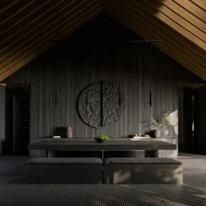 Modern living room decorated with wood elements and a minimalist design aesthetic.