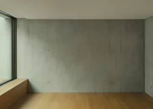 Minimalist interior space with concrete walls and wooden floor.