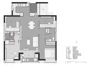 Minimalist apartment floor plan with modern design elements and open-concept layout.